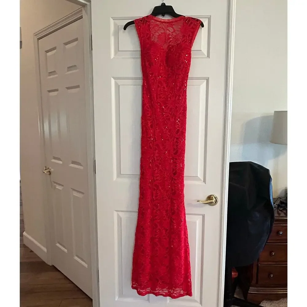 B Darlin Red Lace Sequin Prom Dress - Picture 1 of 10